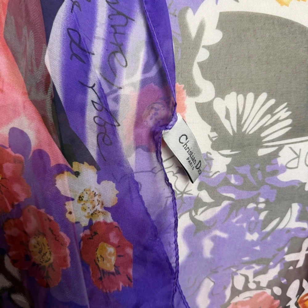 Christian Dior Silk Chiffon Scarf Floral Paris‎ Graphic Purple Italy  66